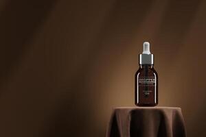 Mock up dropper bottle on brown fabric base. Presentation for cosmetic concept. 3D rendering photo