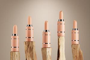 Five lipstick on wooden stick. Abstract background for cosmetic presentation. 3D rendering photo