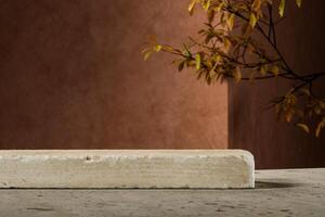 A stone slab is placed on the cement floor. Brown cement backdrop and tree branches. Backdrop for product presentation. 3D illustration photo