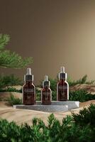 3 mockup cosmetic dropper bottles in the sand and small plants mockup scene. Abstract mockup scene for product presentation. 3d rendering photo