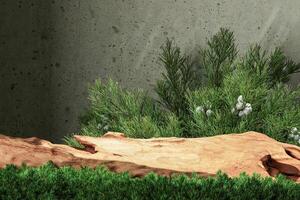 A log middle small plants and concrete wall. Abstract background for product presentation. 3D rendering photo