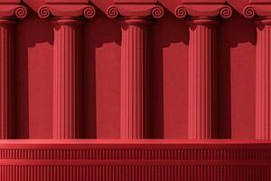 Red platform on a background of Roman concrete columns. Abstract background for product presentation. 3D rendering photo