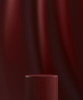 Red cylindrical platform on red velvet curtain background. Abstract background for product presentation. 3D rendering photo