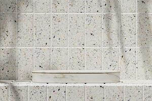 White marble platform with white top on Terrazzo tiles in a sunny bathroom. 3D rendering photo