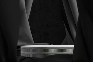 White cylindrical pallet on a black velvet curtain backdrop. Abstract background for product presentation. 3D rendering photo