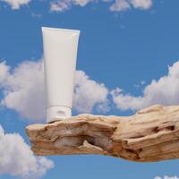 Blank white sunblock tube on wooden log sky background. Clipping path of each element included. 3D rendering illustration. photo