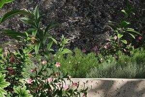 Marble space in the middle, small plants and flowers, black stones and shadows in the background. 3d rendering photo