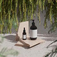 Two cosmetic bottles sits on broken slabs of beige marble stacked on a concrete floor. blur the bushes behind. 3D rendering photo