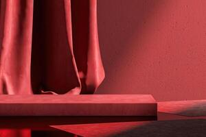 Velvet product display stand with a backdrop of a cement wall and red curtains. Background for product presentations. 3D illustration photo