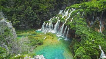 waterval in Plitvice meren in Kroatië. een cascade van 16 meren verbonden door watervallen en een kalksteen Ravijn. Doorzichtig voorjaar wateren. video