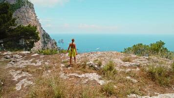 uma pessoa olhares fixos sobre uma espetacular beira-mar penhasco visualizar. mulher às a Beira contempla a expansivo oceano, faraglioni Rocha formações subir a partir de a mar. capri, Itália. video