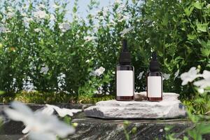 Dropper bottles mockup on the white rock in the garden. Mockup cosmetic product for presentation. 3D rendering photo