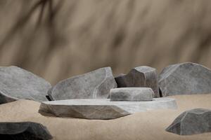 Stone slabs stacked on a sand and rock mockup scene, tree shadows in the background. Abstract background. 3d rendering photo