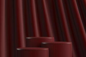 Red cylindrical platform three step on red velvet curtain background. Abstract background for product presentation. 3D rendering photo