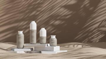 Examples of cosmetic bottles Placed on a white marble slab on a sandy background. 3D rendering photo