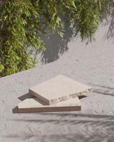 Broken slabs of beige marble stacked on a concrete floor. blur the bushes behind. 3D rendering photo