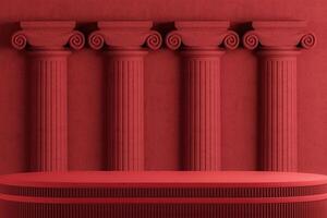 Red platform on a background of Roman concrete columns. Abstract background for product presentation. 3D rendering photo