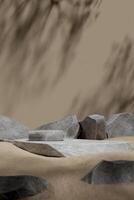 Stone slabs stacked on a sand and rock mockup scene, tree shadows in the background. Abstract background. 3D rendering photo