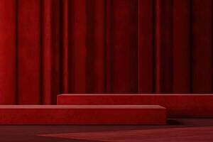 Red platform two step on red curtain background. Abstract background for product presentation. 3D rendering photo