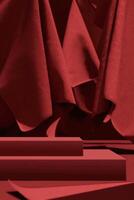 Velvet product display stand with a red curtains backdrop. Background for product presentations. 3D illustration photo