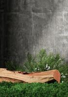 A log middle small plants and concrete wall. Abstract background for product presentation. 3D rendering photo