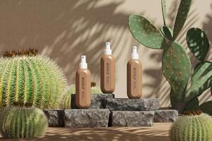 3 cosmetic spray bottles in the middle of a desert scene, blurring cactus in the foreground. 3D rendering photo