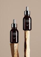 Two cosmetic dropper bottles on wooden stick. Abstract background for cosmetic presentation. 3D rendering photo