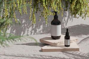 Two cosmetic bottles sits on broken slabs of beige marble stacked on a concrete floor. blur the bushes behind. 3D rendering photo