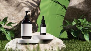 Mockup cosmetic bottle on a rock and bases in garden. focus at product 3d rendering photo