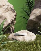 White circle base on the rock in mockup garden scene, sunshade on green background. 3d rendering photo