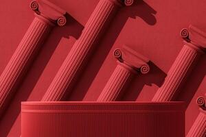 Red platform on a background of Roman concrete columns. Abstract background for product presentation. 3D rendering photo