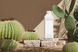 White fertilizer bottle in the middle of the desert scene Brown background, blur cactus in the foreground. 3D rendering photo