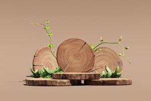 Empty round wooden slats stacked as a product stand. Decorate with small plants. Minimal mockup for product presentation. 3D rendering and clipping path each element. photo