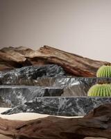 Black stone tiers and attractive old remains of wood, for displaying goods or items, mockups for presentations. 3D rendering Clipping path background included. photo