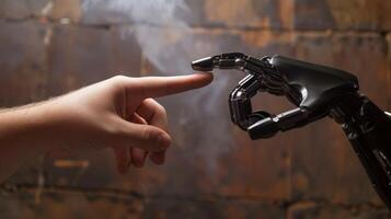 AI generated Robot finger making contact with human finger, Generative AI photo