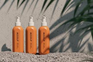 3 mockup cosmetic spray bottles on the gravel floor, blur the trees in the foreground. 3D rendering photo
