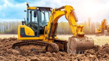 ai generado excavador en construcción sitio con luz de sol fondo, generativo ai foto