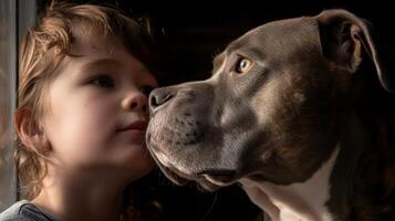 AI generated Close-up, Cute little boy posing with the dog at home, Generative AI photo