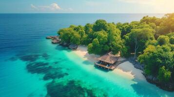 ai generado parte superior ver de hermosa isla con arena playa ,aéreo zumbido disparo, generativo ai foto