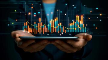 AI generated Close-up, Business analysis data screen and economic growth with financial graph, Generative AI photo