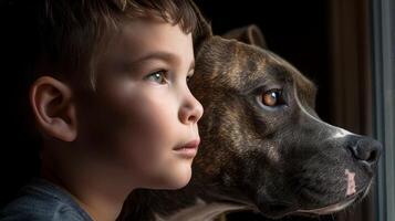 ai generado de cerca, linda pequeño chico posando con el perro a hogar, generativo ai foto