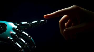 AI generated Robot finger making contact with human finger, Generative AI photo