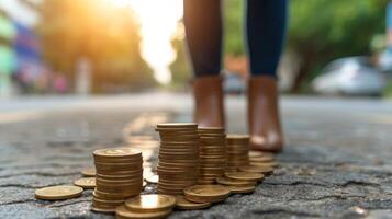 AI generated Close-up, Businesswoman holding coins stacking, Generative AI photo