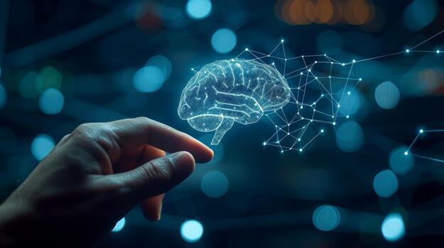 AI generated Businessman finger touching digital data on space background, Generative AI photo