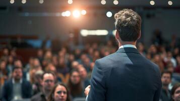 AI generated Close-up, Speaker giving a talk on corporate businessman conference. business and entrepreneurship event, Generative AI photo