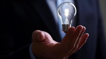 AI generated Close-up, Hand of businessman holding illuminated light bulb, idea, innovation and inspiration concept, Generative AI photo