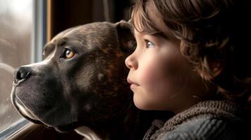 ai generado de cerca, linda pequeño chico posando con el perro a hogar, generativo ai foto