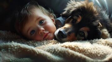 ai generado de cerca, linda pequeño chico posando con el perro a hogar, generativo ai foto