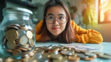 AI generated Close-up, Businesswoman holding coins stacking, Generative AI photo