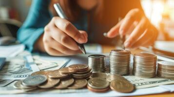 AI generated Close-up, Businesswoman holding coins stacking, Generative AI photo